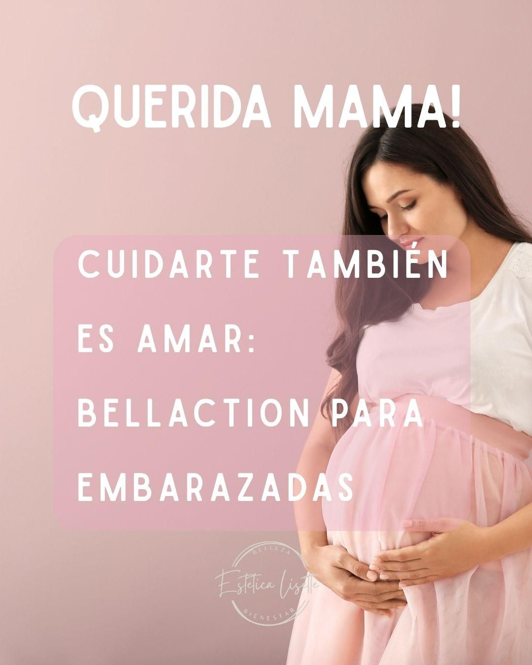 Mujer con la barriga de embarazada sujetándose el vientre, fondo rosa. Texto: 