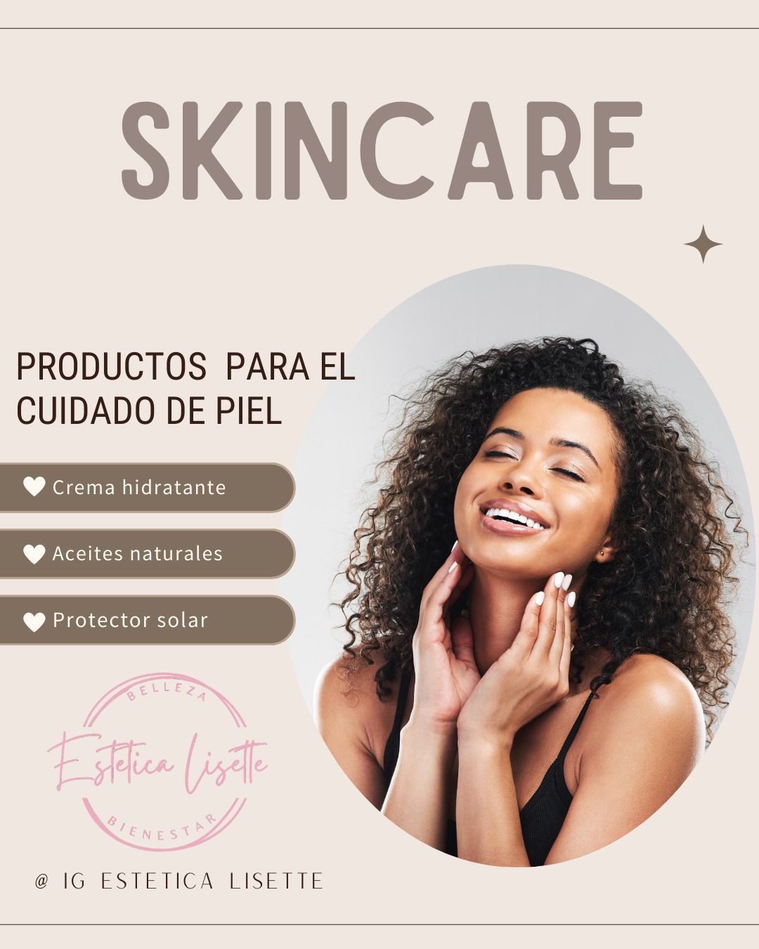 Anuncio de productos para el cuidado de la piel con una mujer sonriente. El texto enumera los productos: crema hidratante, aceites minerales y protector solar.
