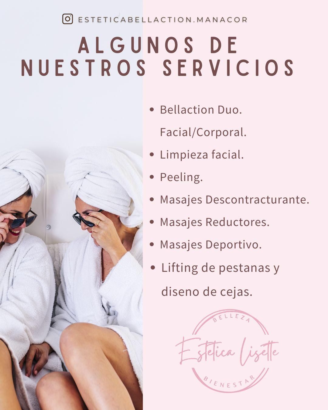 Anuncio de Estética Lisette que ofrece servicios de belleza. El texto incluye servicios como faciales, masajes y lifting de pestañas. Dos mujeres en bata aparecen al fondo.