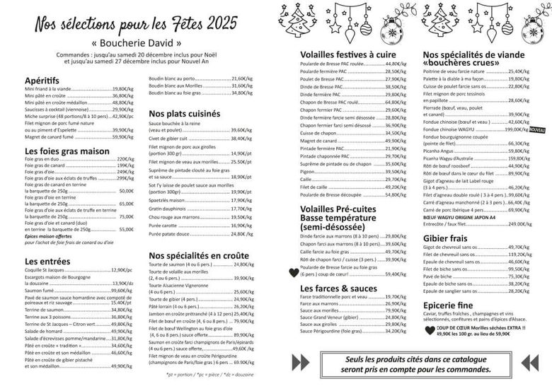 Menu des fêtes de noël 2025