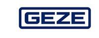 Ein blau-weißes Logo für Geze auf weißem Hintergrund.
