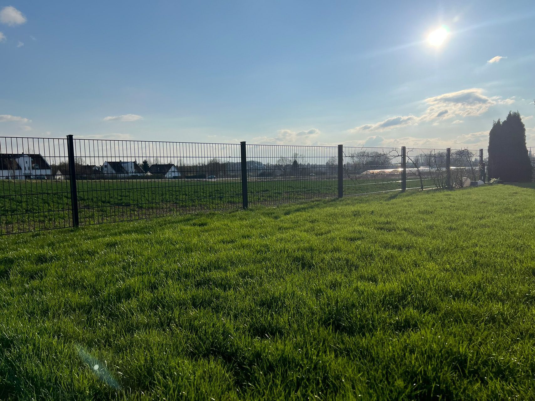 Ein Zaun umgibt eine Wiese mit einem blauen Himmel im Hintergrund.