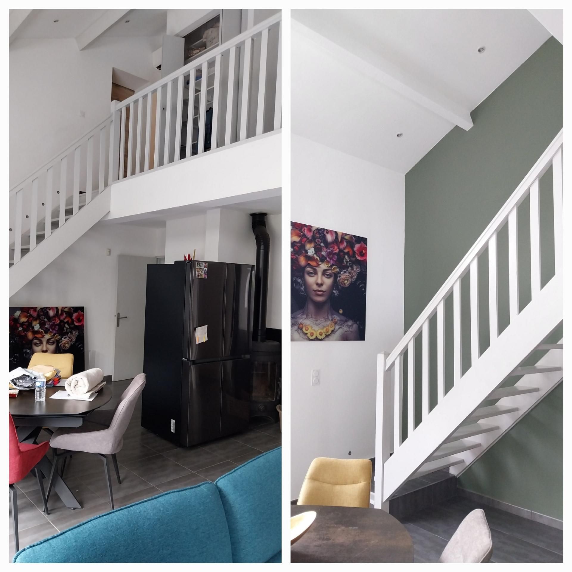 Ratissage, ponçage avec application de deux couches de peintures velouté blanche, kaki pour les murs et blanches pour les boiseries la marque SEIGNEURIE.