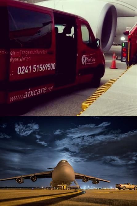 Ein roter Lieferwagen mit der Aufschrift „Aircare“ an der Seite