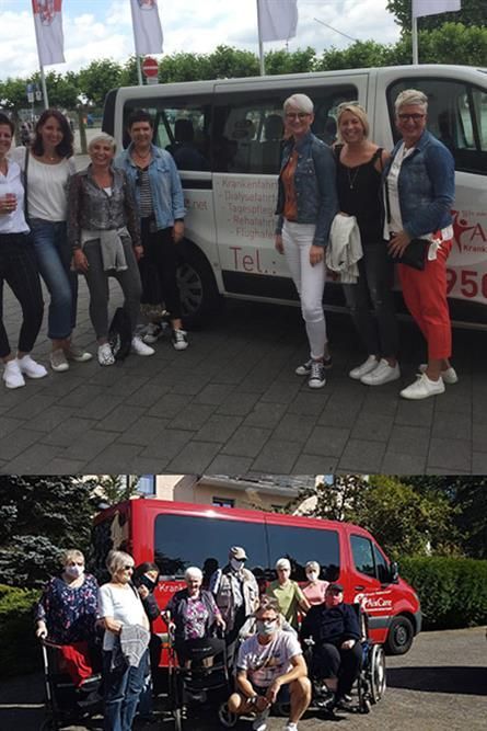 Eine Gruppe von Menschen posiert vor einem Lieferwagen für ein Foto.