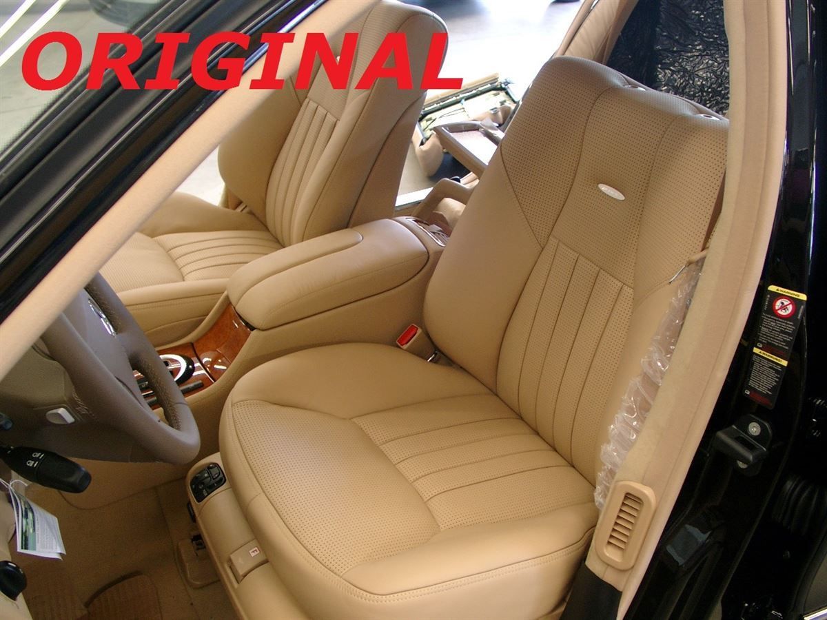 Mercedes S65 AMG (Neufahrzeug), Sitzinnenteile in gelochtem Cognac Leder neu bezogen.