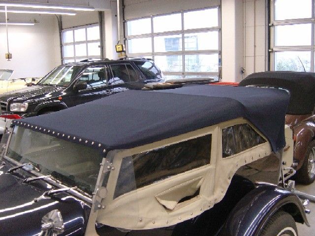 Verdeckbezug in Sonnenland Stoff blau neu angefertigt und moniert.