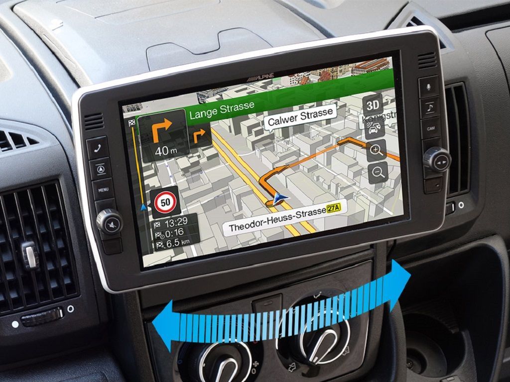 Alpine X903D-DU2 9-Zoll-Navigationssystem mit schwenkbaren Bildschirm für Fiat Ducato III, Citroën Jumper II und Peugeot Boxer II mit TomTom Karten und Apple CarPlay / Android und Rückfahrkamera nachgerüstet.