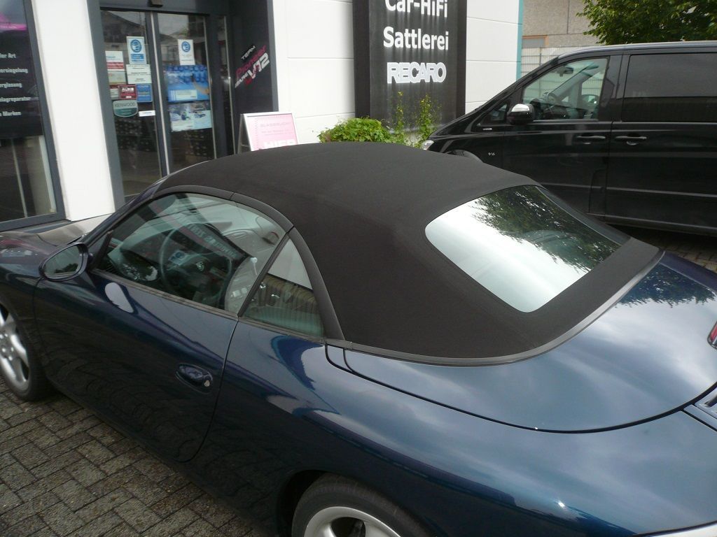 Verdeckbezug in Sonnenland Stoff schwarz, geliefert und montiert.