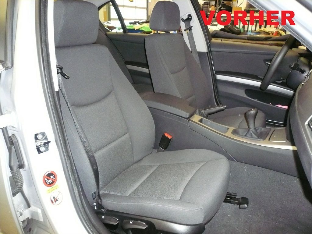 BMW 3er E90 Innenausstattung in Kundleder schwarz mit roten Nähten neu angefertigt und montiert.