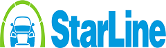 Ein blau-grünes Logo für Starline mit einem Auto in der Mitte