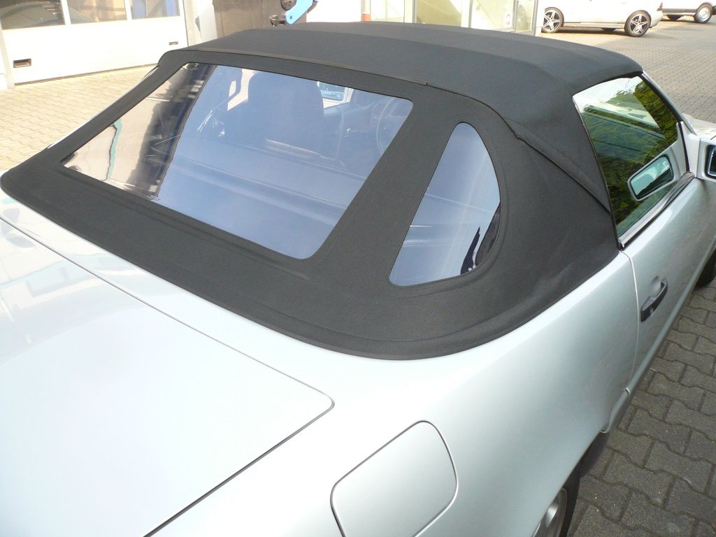 Mercedes SL 129er, Verdeckbezug in Sonnenland Stoff schwarz geliefert und montiert.