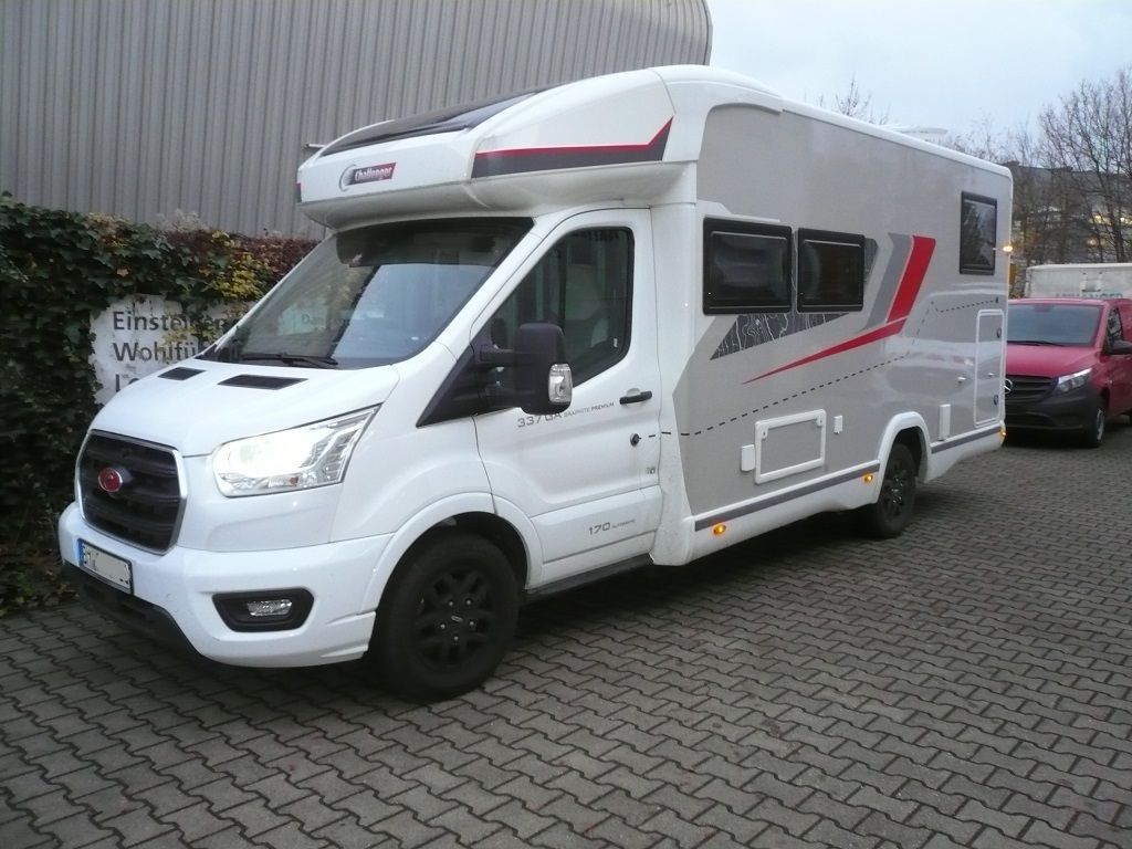 Ein weißes Wohnmobil steht auf einem Parkplatz