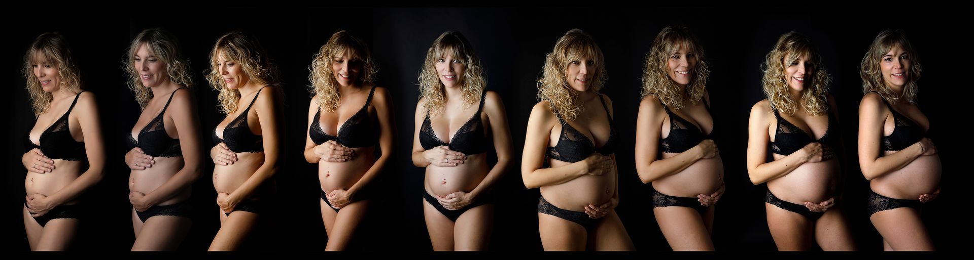 Una mujer embarazada en ropa interior negra está parada en una fila.