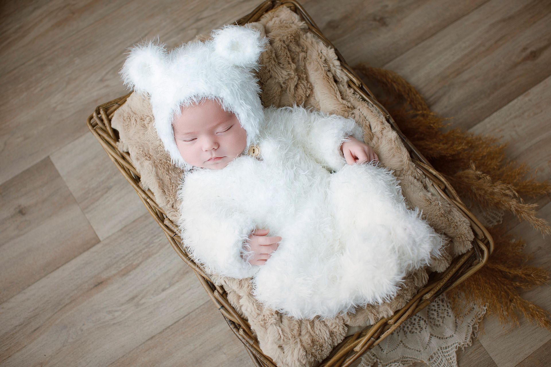 Un bebé recién nacido duerme en una canasta con un disfraz de oso blanco.