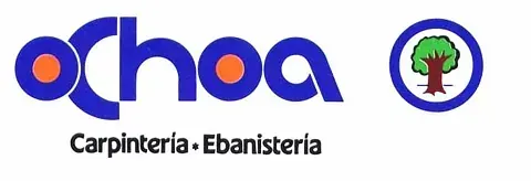 Logo de “ochoa” en azul y naranja con un árbol, y el texto “Carpintería · Ebanistería” debajo.
