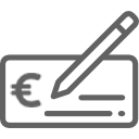 Icône grise représentant un stylo écrivant sur un chèque ou une facture en euros.