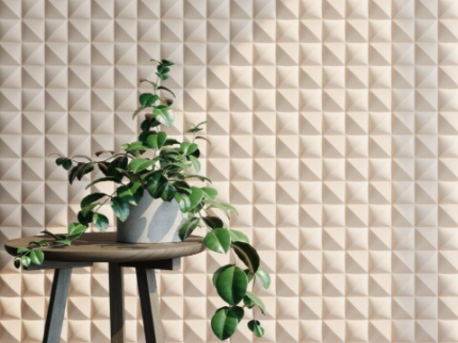 Panneau mural beige, avec une plante en premier plan