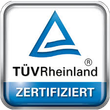 TÜV Rheinland-Prüfzeichen: Blaues Dreieck in einem weiß-blauen Kasten, das auf ein zertifiziertes Produkt hinweist.