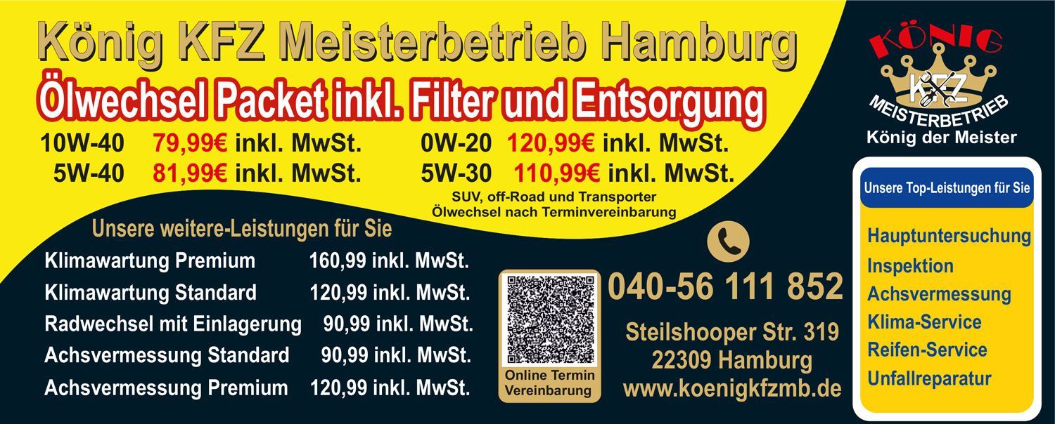 Anzeige für eine Autowerkstatt in Hamburg. Bietet Klimaanlagenwartung, Reifenwechsel und Inspektionen an.