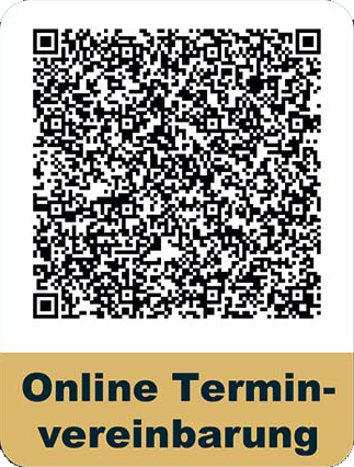 QR-Code zur Online-Terminvereinbarung mit goldenem Bannertext „Online Terminvereinbarung“.