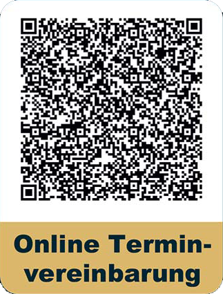 QR-Code zur Online-Terminvereinbarung mit goldenem Bannertext „Online Terminvereinbarung“.