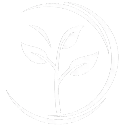 Logotipo blanco de líneas que representa una pequeña planta con tres hojas centrada dentro de un círculo curvo y abierto sobre un fondo negro.