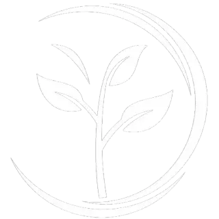 Logotipo blanco de líneas que representa una pequeña planta con tres hojas centrada dentro de un círculo curvo y abierto sobre un fondo negro.