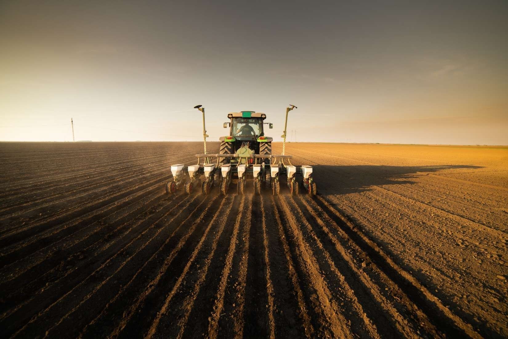 Un tractor arrastrando una sembradora a través de un gran campo recién arado bajo un cielo cálido y brumoso al atardecer.