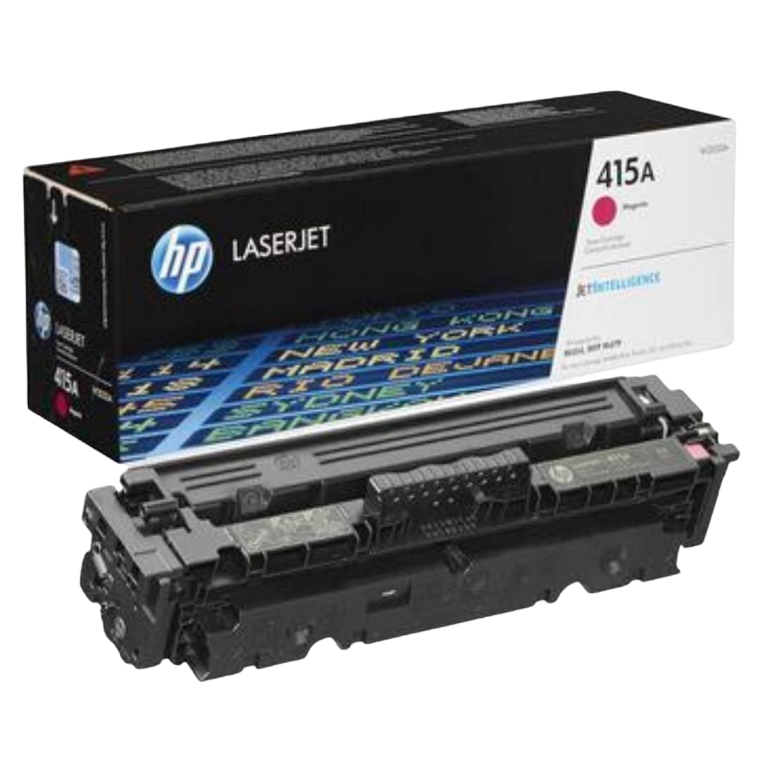 Magenta HP 415A laser toner cartridge and its packaging, a black box with the brand name.