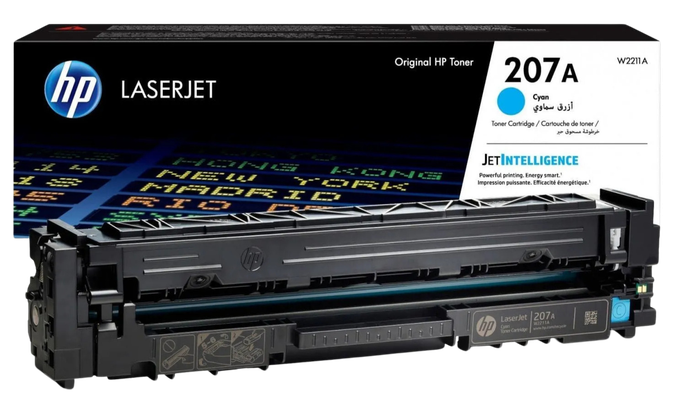 Toner cartridge box and cartridge; white box with colorful design, black cartridge.