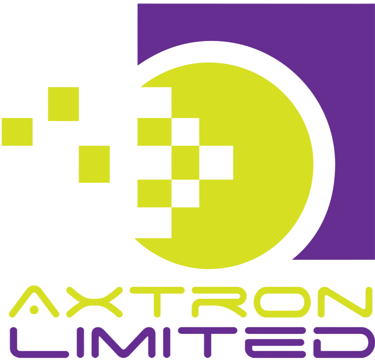 Logo of Axtron Limited. Purple square and light green circle with pixelated design. Text: Axtron Limited.