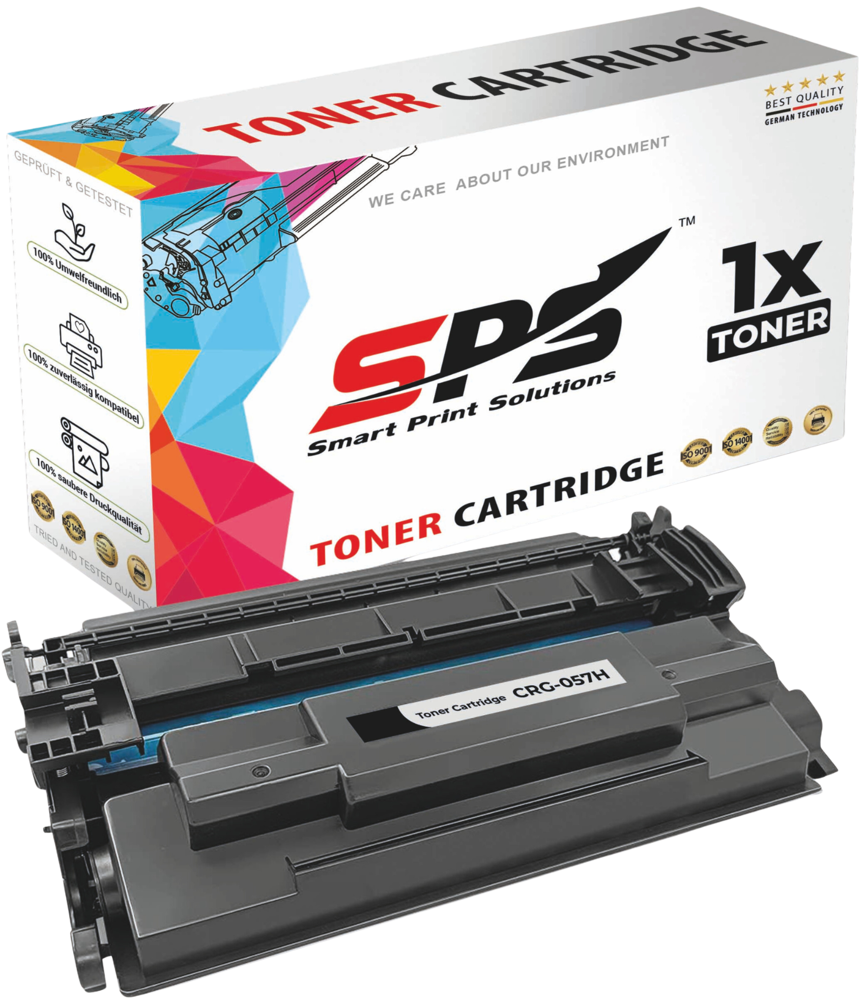 Toner cartridge box and cartridge; white box with colorful design, black cartridge. 