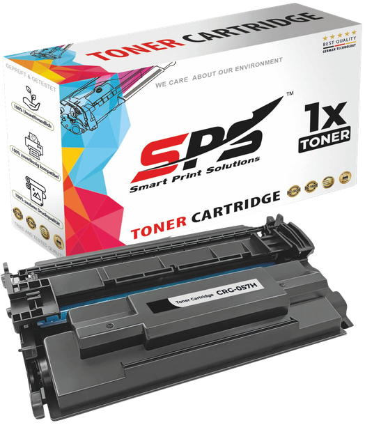 Toner cartridge box and cartridge; white box with colorful design, black cartridge.