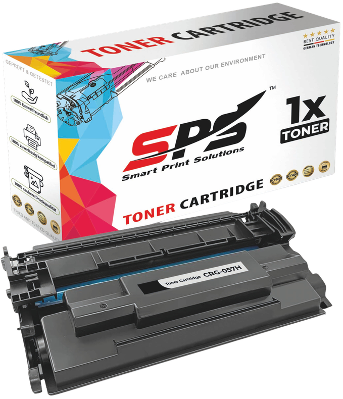 Toner cartridge box and cartridge; white box with colorful design, black cartridge.