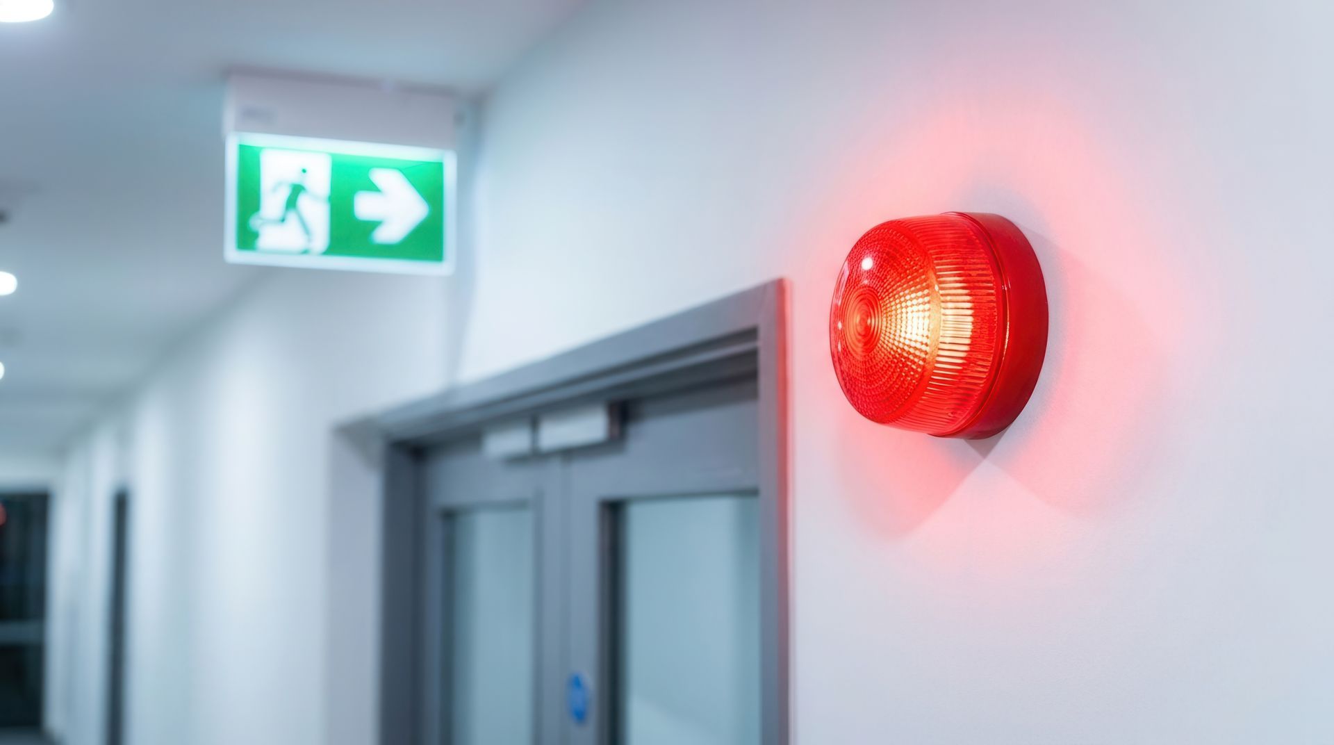 Gyrophare d’alarme rouge fixé au mur d’un couloir