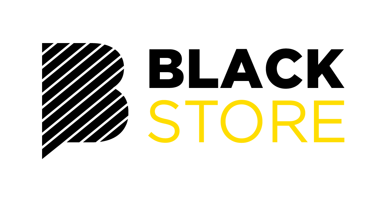 Logo de Black Store, un détaillant. Un « B » noir stylisé, avec les inscriptions « BLACK » (noir) et « STORE » (jaune).