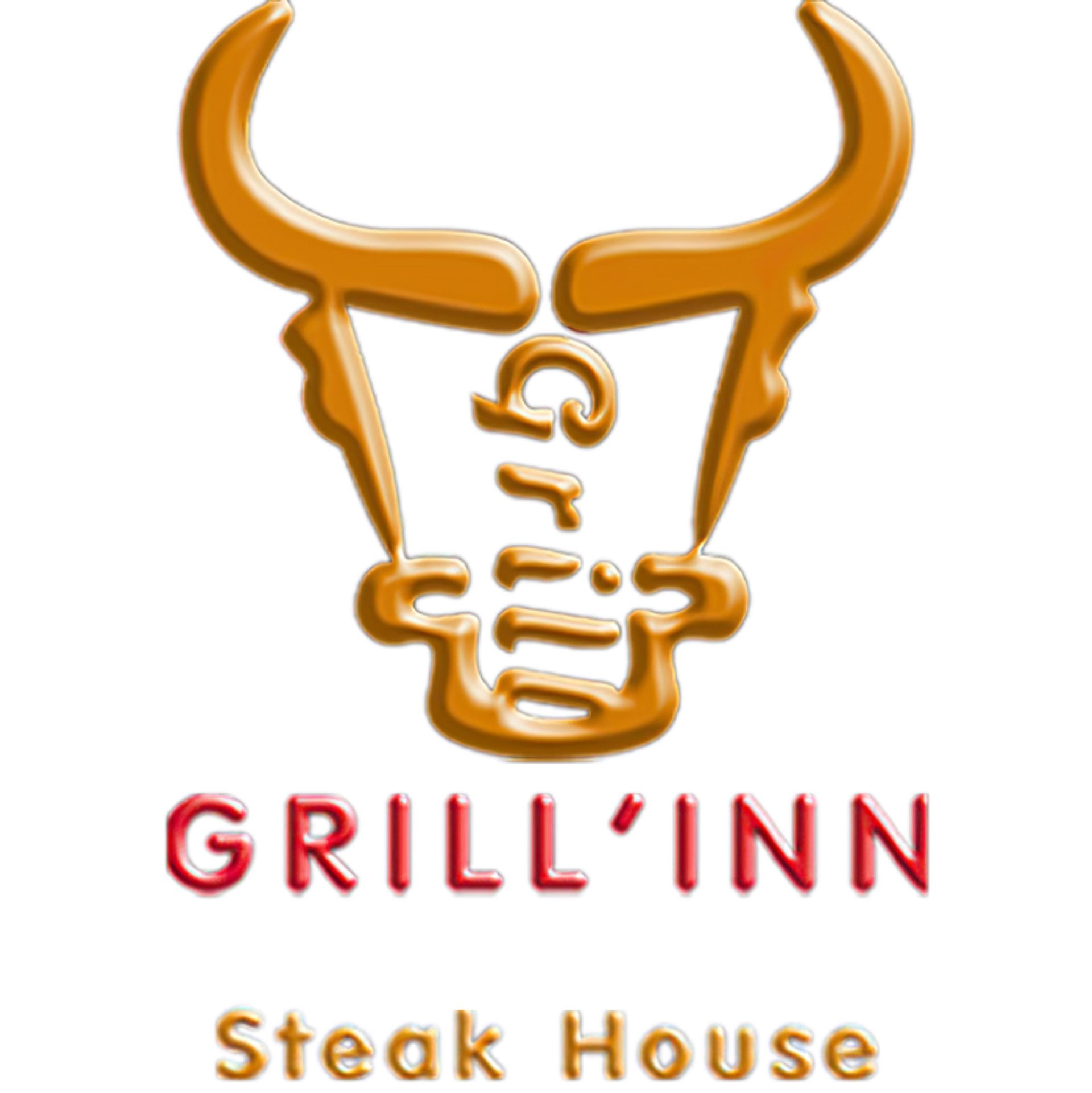 Logo Grill'Inn : Une forme de tête de taureau dorée avec « Grill » au centre, texte « GRILL'INN Steak House » en dessous en rouge et or.