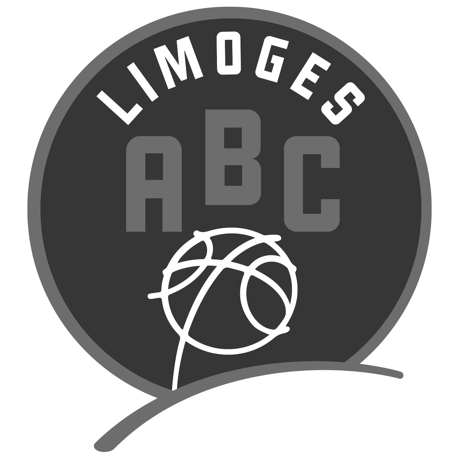 Logo de l'équipe de basket-ball Limoges ABC : cercle gris foncé avec texte blanc « LIMOGES ABC », un graphique de basket-ball blanc et une ligne grise incurvée.