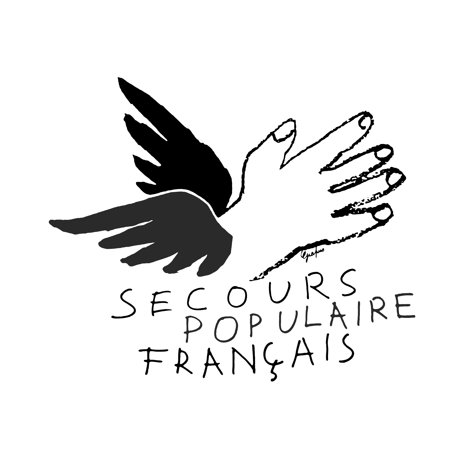 Logo of Secours Populaire Français: hand-wings graphic, black and white, text 