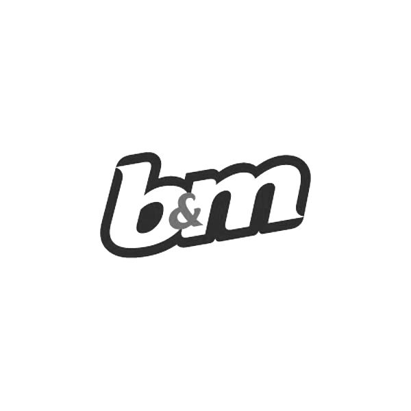 Logo du magasin B&M : lettres blanches « b&m » avec une esperluette grise, bordées de noir.