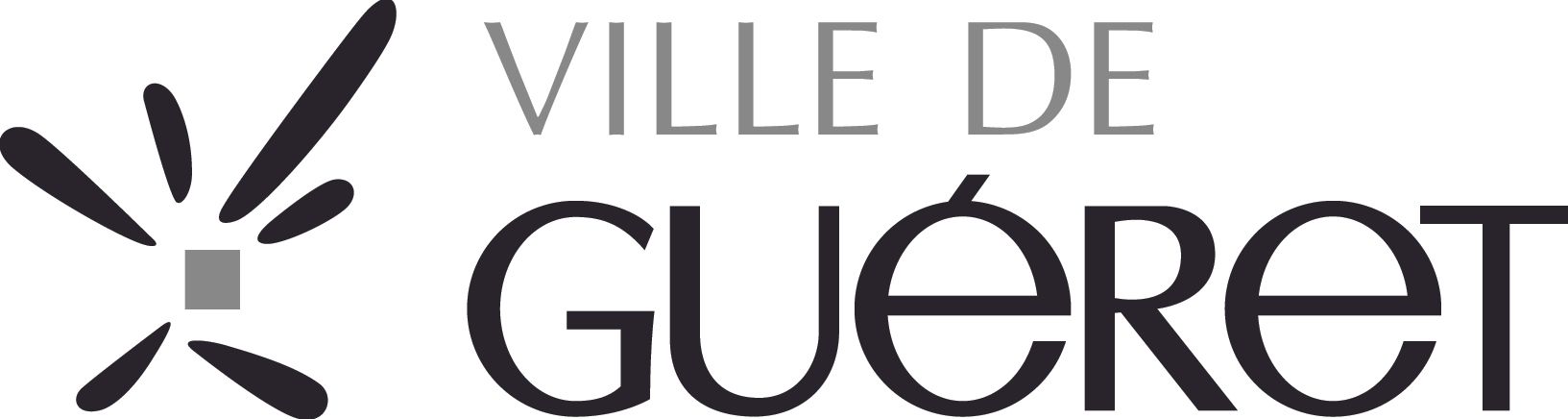 Logo de la ville de Guéret, France, comportant du texte et une explosion de lignes stylisées émanant d'un carré gris.