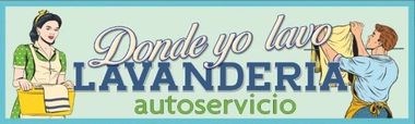 Letrero de lavandería que dice “Donde yo lavo LAVANDERIA autoservicio” con caricatura de una lavandera.