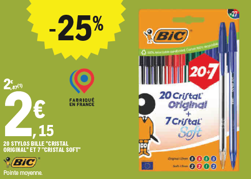 Offre -25% sur les 20 stylos-billes Cristal Original et 7 Cristal Soft au prix de 2,15 € au lieu de 2,87 €. Logo BIC.