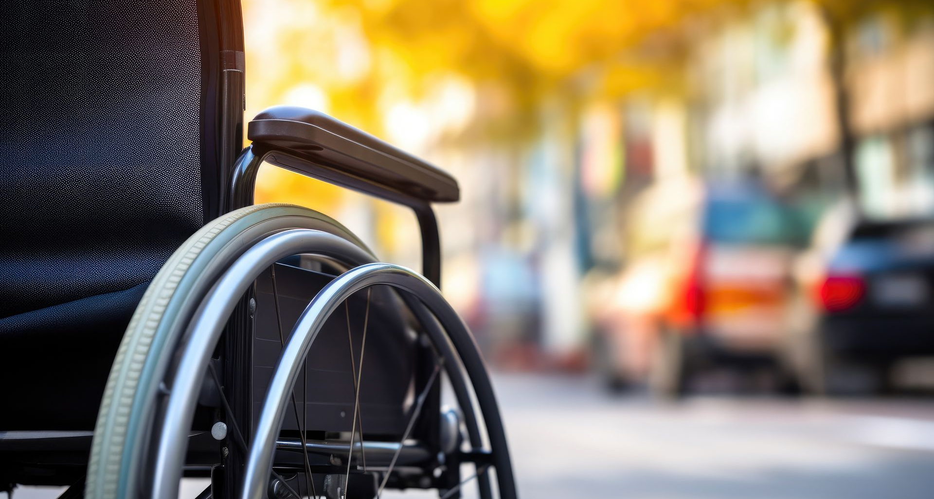 Fauteuil roulant dans une rue de la ville ; un arrière-plan flou de voitures et de bâtiments au soleil.