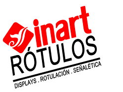 Logotipo de Inart Rótulos con texto rojo y negro y un icono estilizado en forma de llama blanca dentro de un cuadrado rojo inclinado.