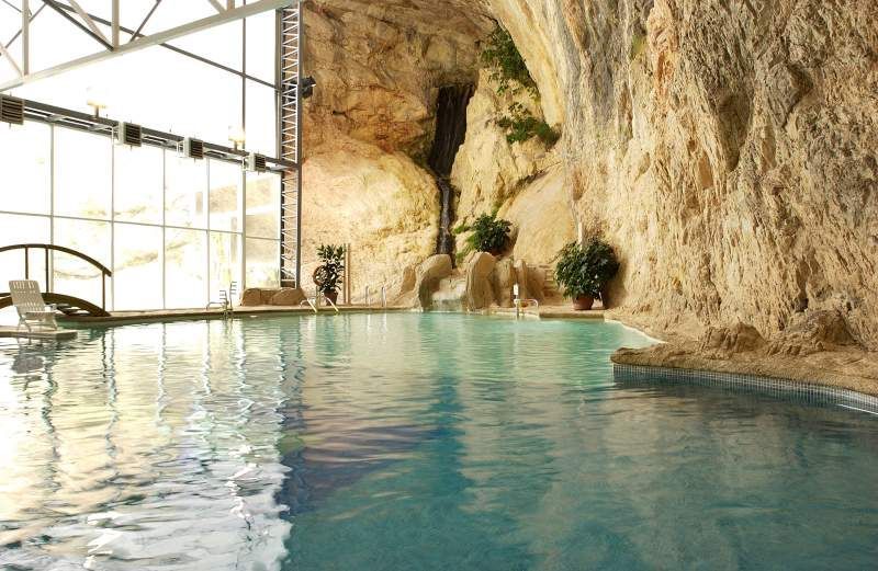Una piscina dentro de una cueva con una estructura de paredes de cristal, plantas en macetas y formaciones rocosas.