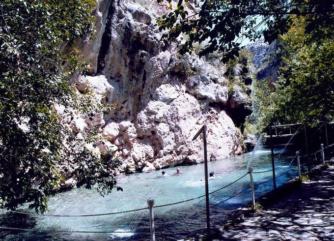 La gente nada en un arroyo de aguas cristalinas de color turquesa al pie de un gran acantilado de piedra caliza escarpada, rodeado de frondosos árboles.