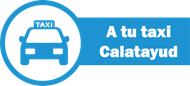 Un icono azul de un taxi en un c&iacute;rculo junto al texto "A tu taxi Calatayud" sobre un fondo azul.