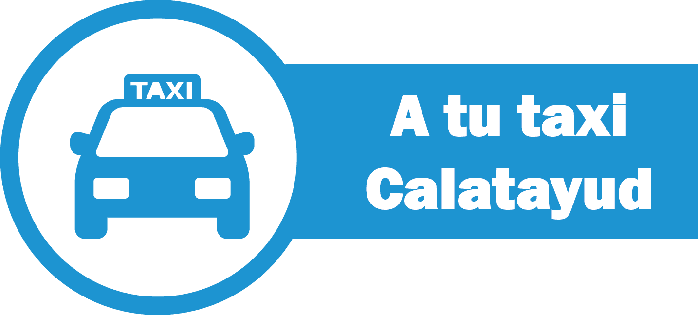 Un icono azul de un taxi en un c&iacute;rculo junto al texto "A tu taxi Calatayud" sobre un fondo azul.